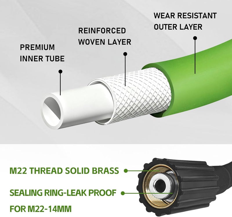 FSQLB Universal Pressure Washer Hose for Greenworks Power Washer 3300 PSI ，Replacement 5200402 for Greenworks Ryobi Electric Power Wash Hose with M22/14 Fittings (25 FT Green) - Image 4